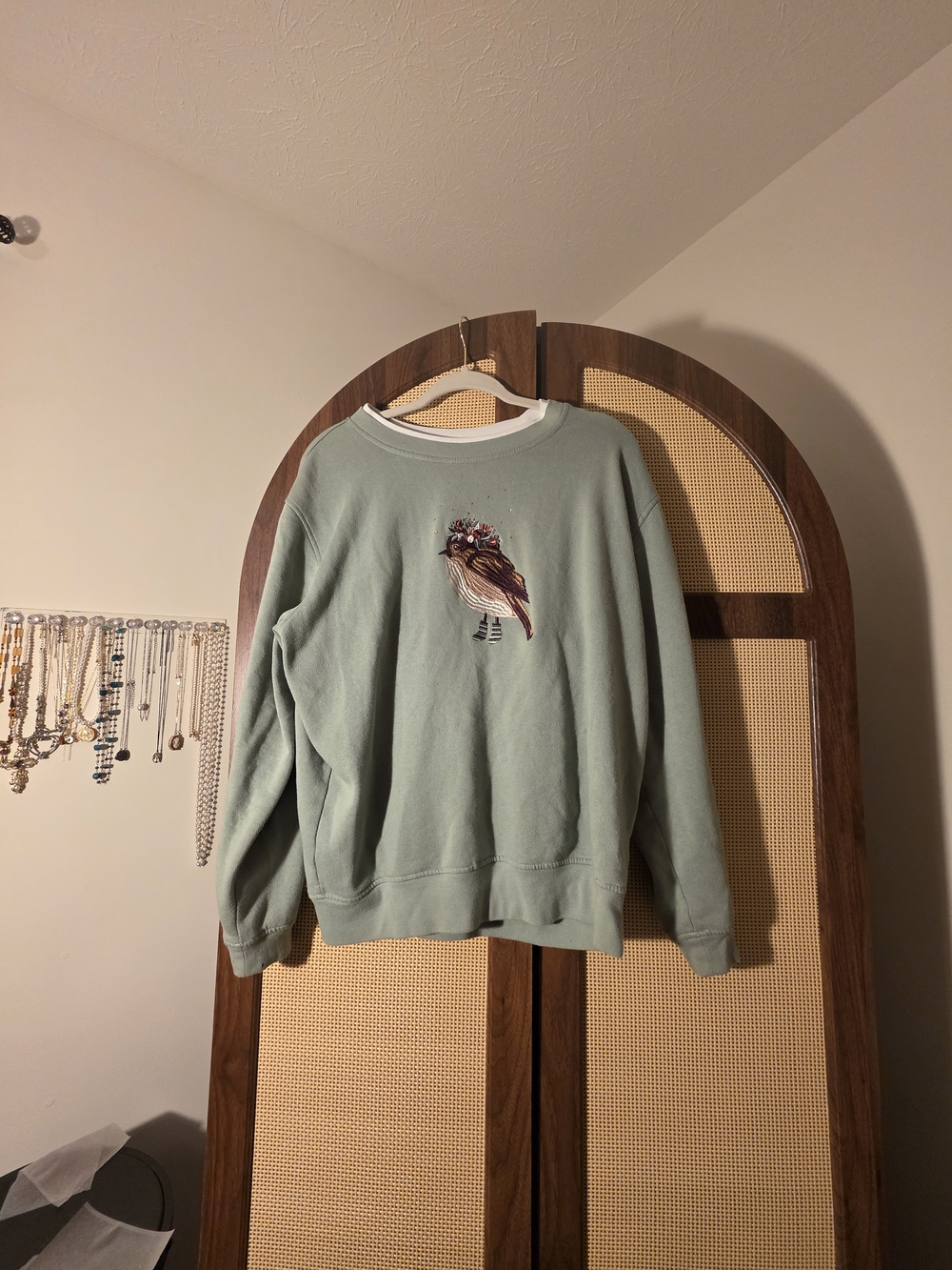 Sage Green Crewneck Sweater with Embroidered Bird
